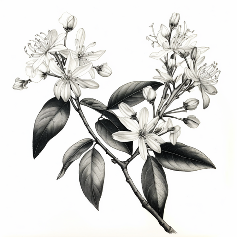 black and white illustration of Backhousia citriodora