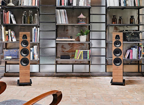 A pair of Sonus faber Lumina V tower speakers stand infront of a rustic bookshelf