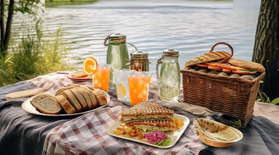 A picnic basket filled with sandwiches, drinks, and fruit on the shore. Eco-friendly products used for serving food items.