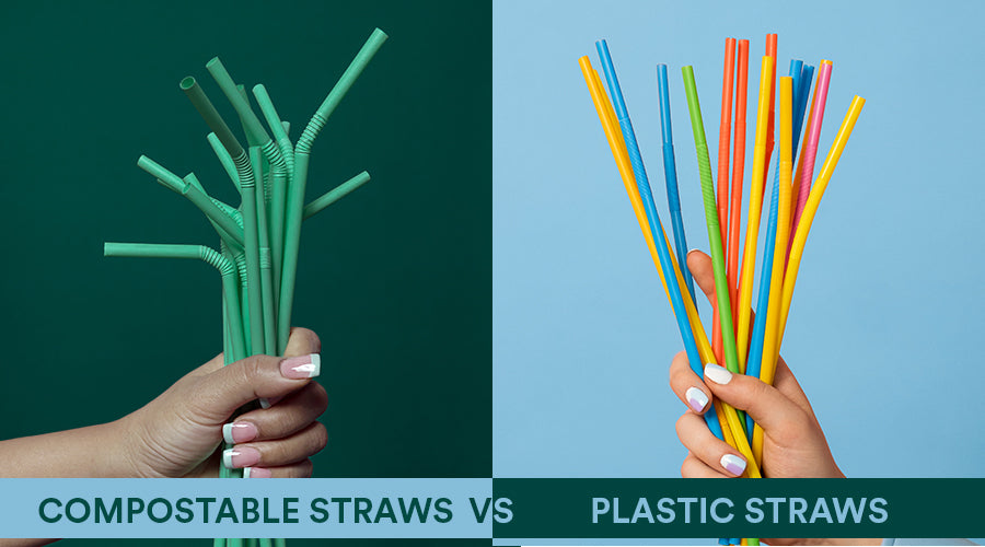 Comparison of compostable straws and plastic straws, highlighting their environmental impact.