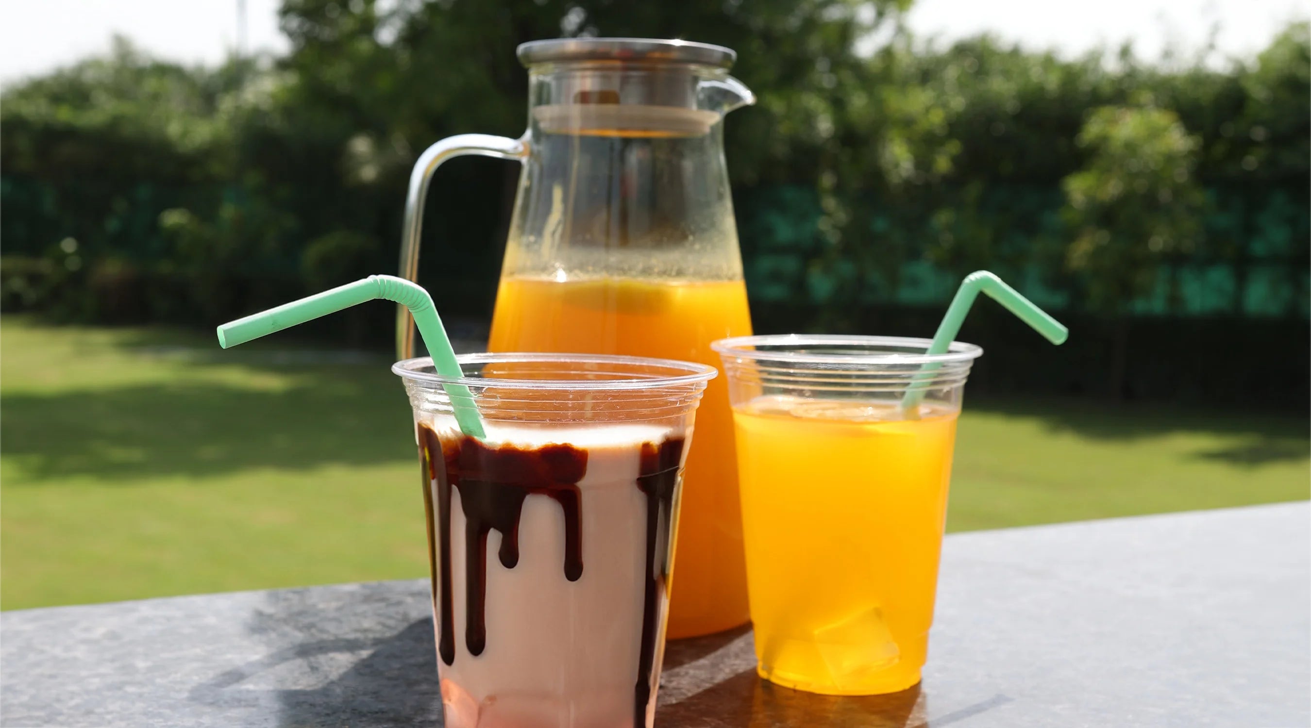 Two glasses of orange juice and a pitcher of juice with compostable straws.