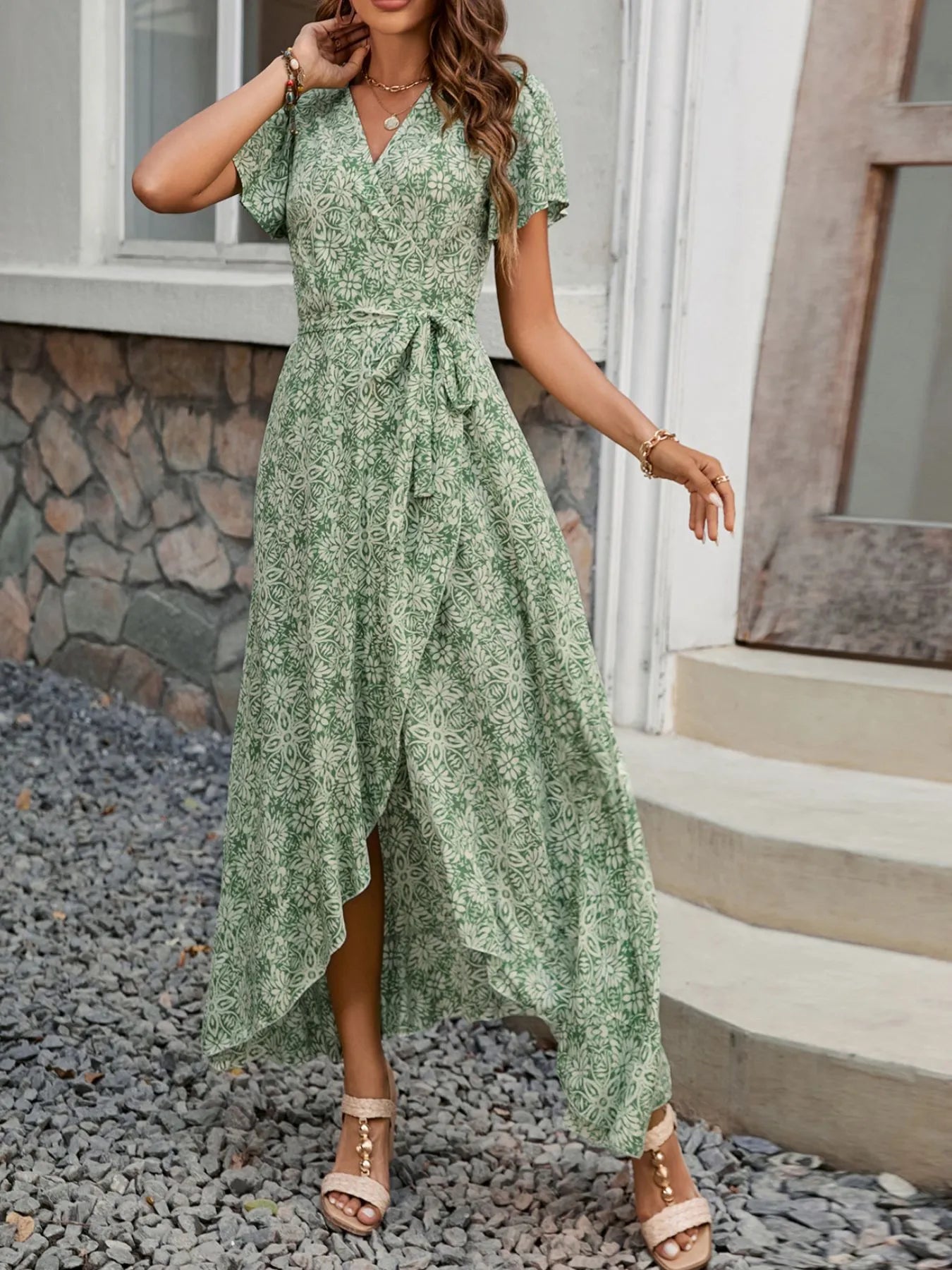 Printed Surplice Maxi Dress with Flutter Sleeves
