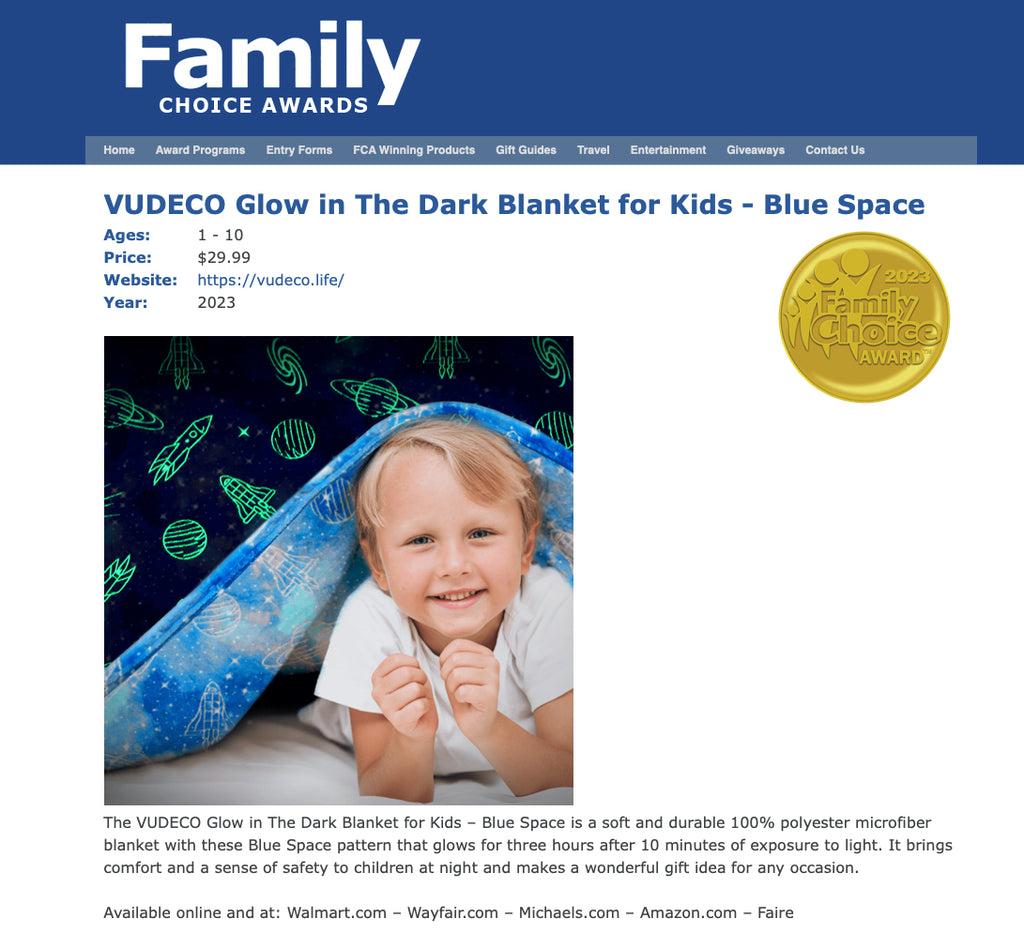 VUDECO Glow in the Dark Blanket Wins 2023 Family Choice Award