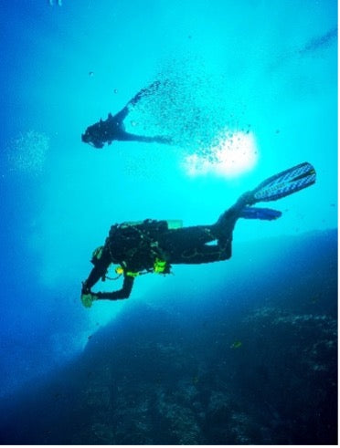 two men are scuba diving under the sea
