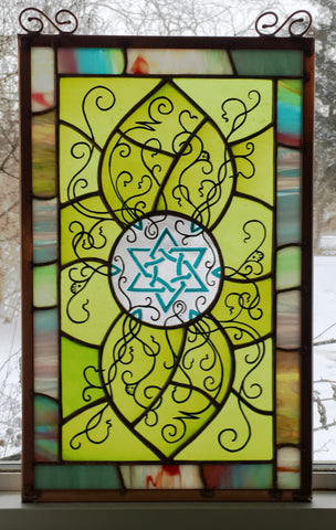 Star of David window with background painted detail in the style of Albrecht Durer.