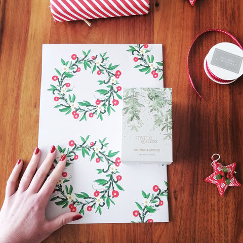 woodies wreath recycled wrapping paper wrap inspiration myrtle and moss candle