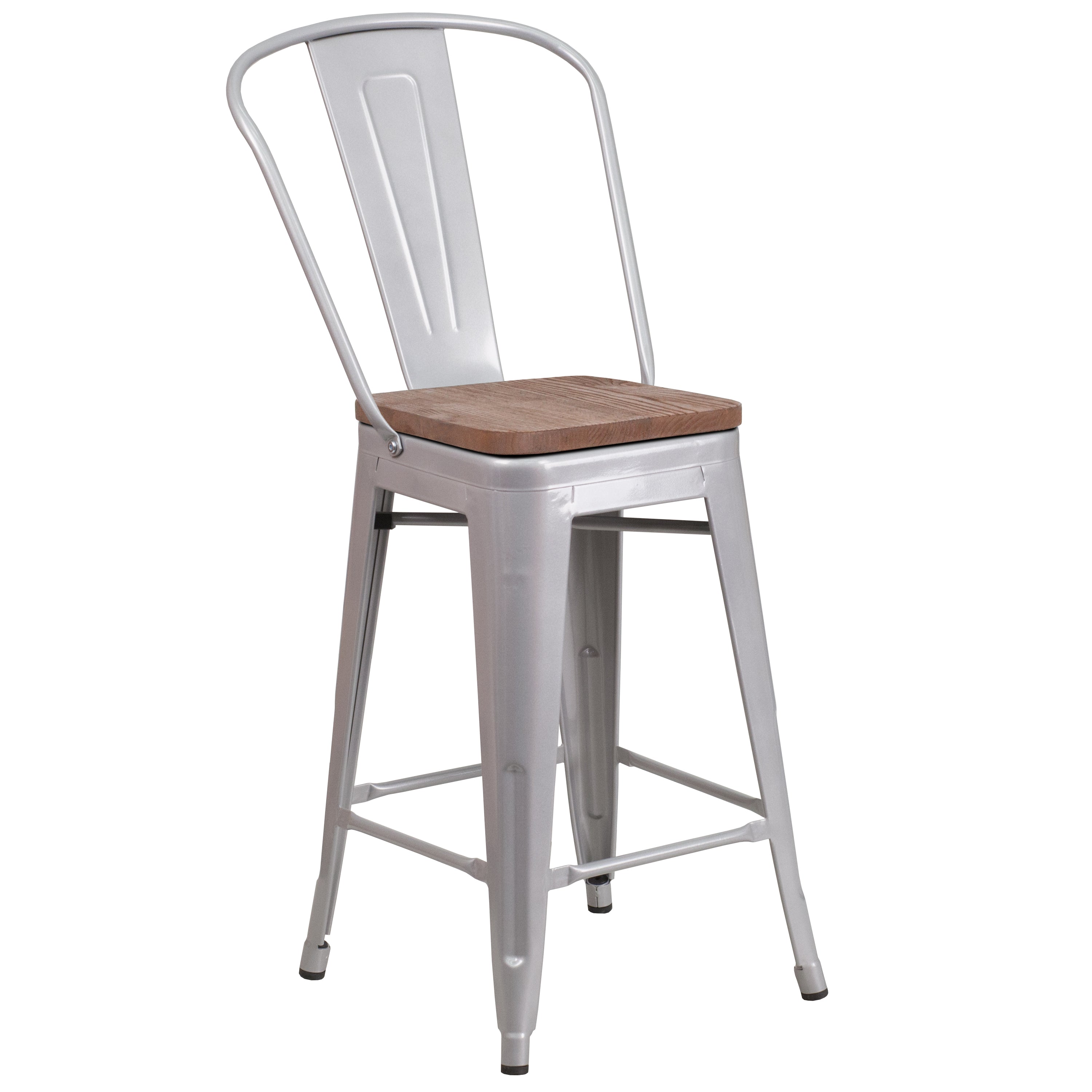 FLASH Lincoln 24" High Clear Coated Counter Height Stool with Back and Wood Seat