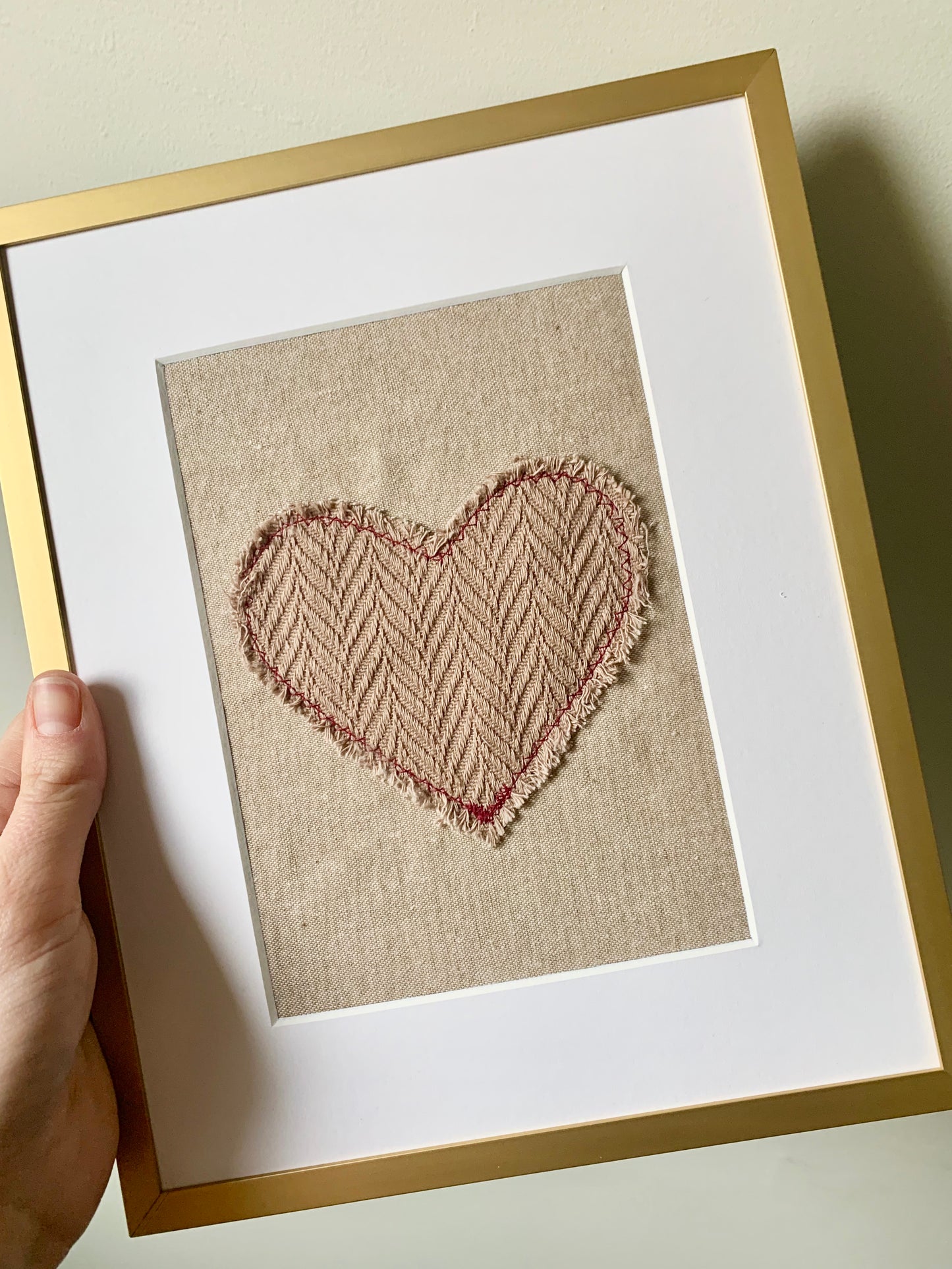 Framed fabric heart, 8x10, Tan Background, Gold Frame