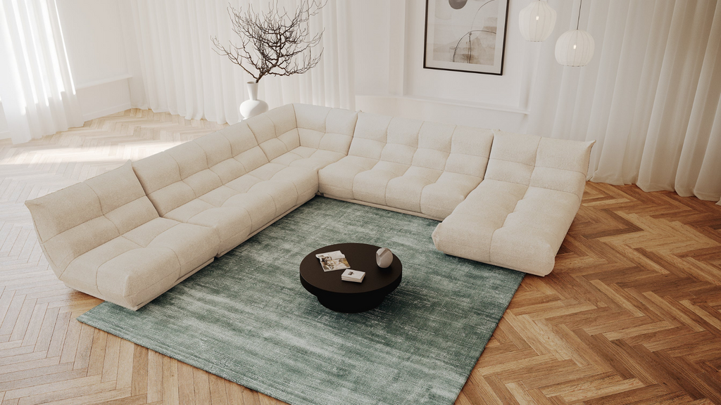 Canapé blanc et tapis Sia Home vert sauge