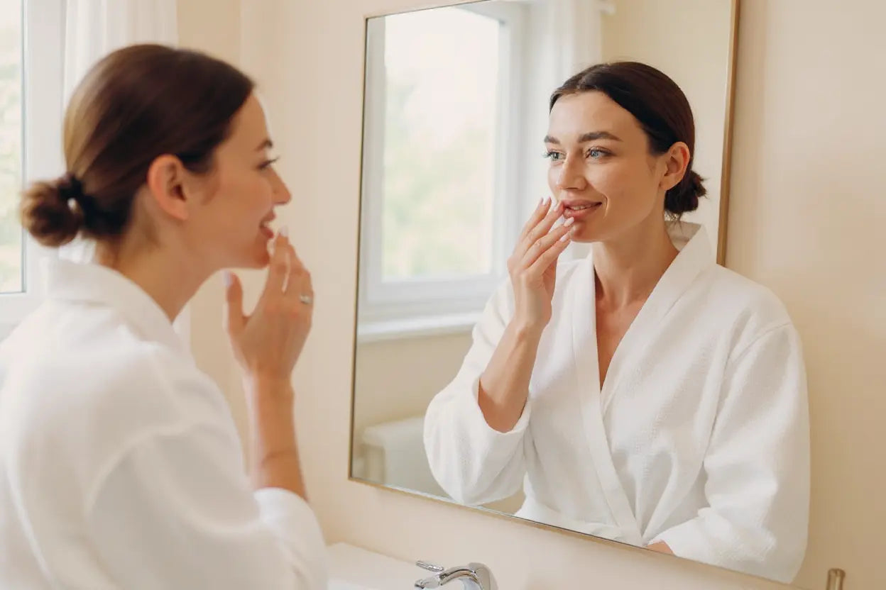 Femme admirant sa peau éclatante et radieuse après un traitement Hydrafacial dans sa salle de bain lumineuse