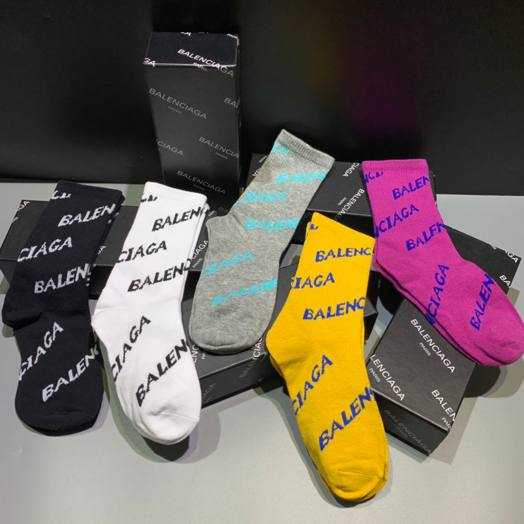 Balenciaga Fashion Classic Comfortable Breathable Pure Cotton Socks 5 Piece Set