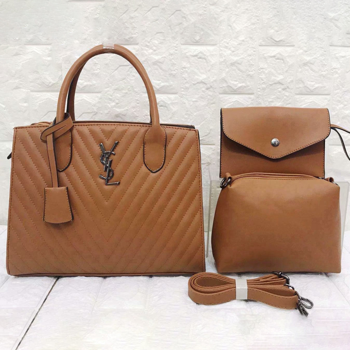 YSL Saint Laurent Fashion Leather Handbag Satchel Tote Two Piece Set