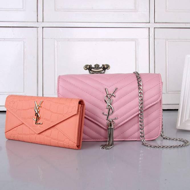 YSL Yves Saint Laurent Women Shopping Bag Leather Chain Satchel Shoulder Bag Crossbody Two Piece Set