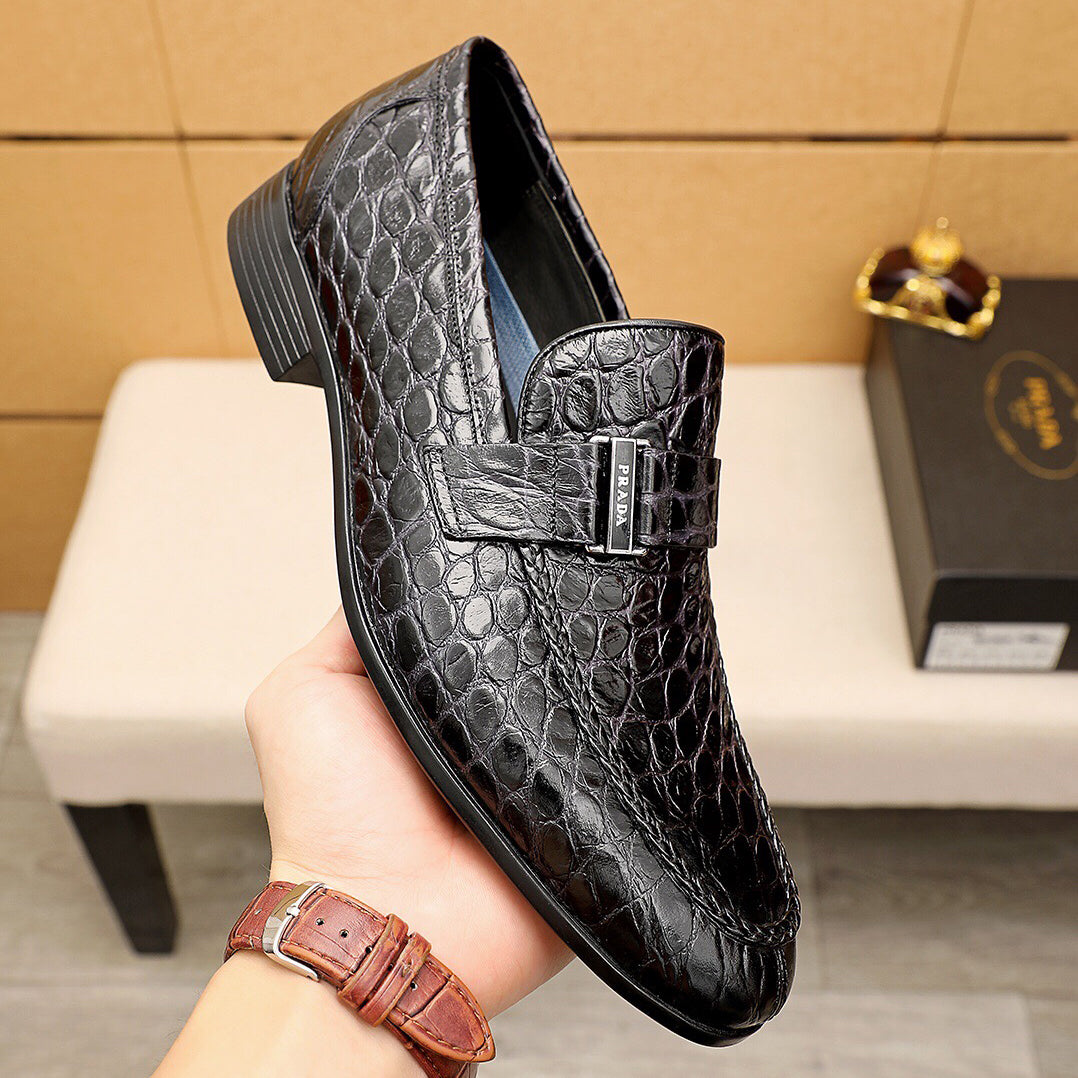 Prada Men Noble Fashion Classics Crocodile Pattern Leather Shoes