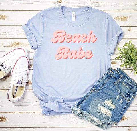 Tall women's Beach Babe graphic t-shirt for summer.