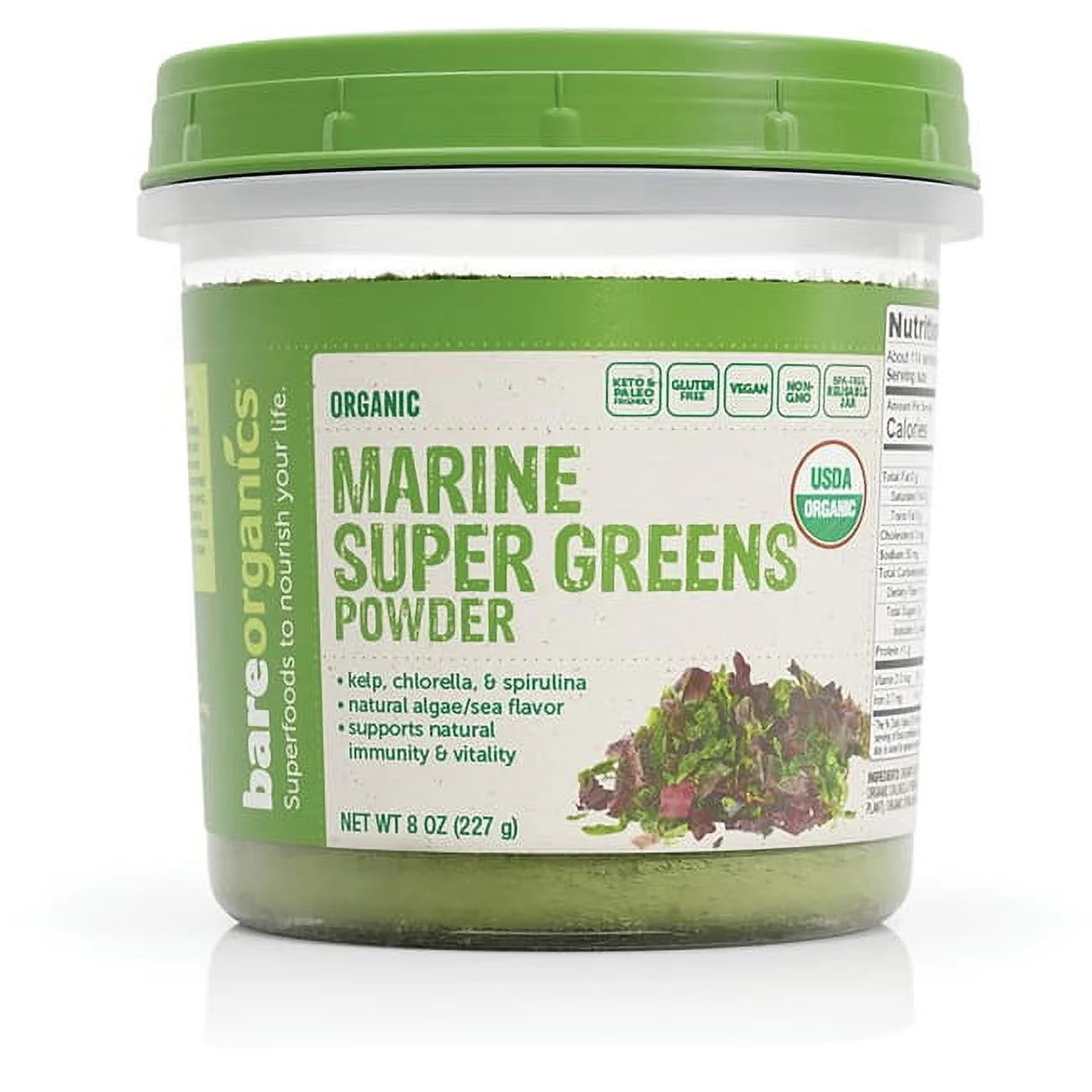 Bare Organics - Marine Super Greens Blend, 8 oz - Organic Spirulina Chlorella Kelp