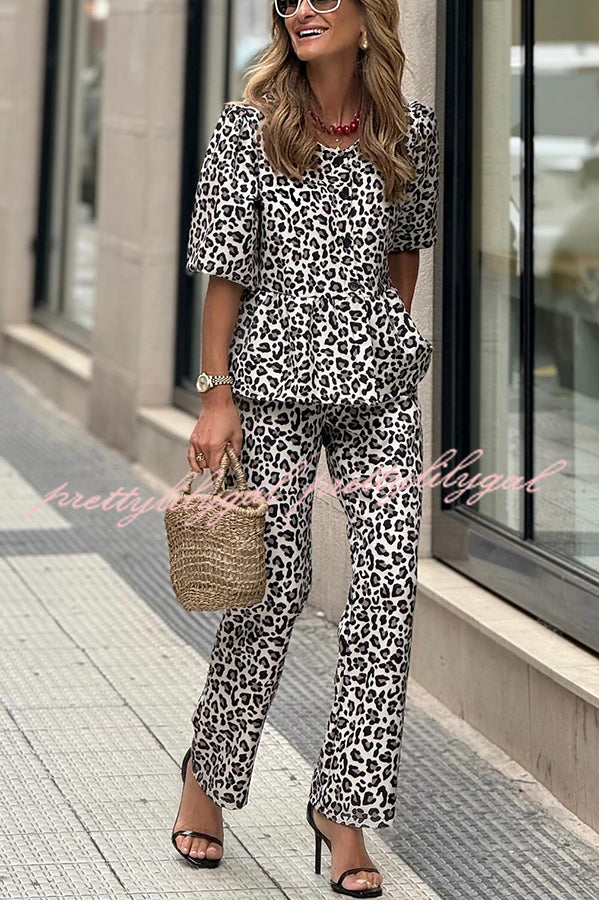 Enjoy Everyday Leopard Print Puff Sleeve Babydoll Top and Elastic Waist Pocketed Pant Set - prettylilygal product image