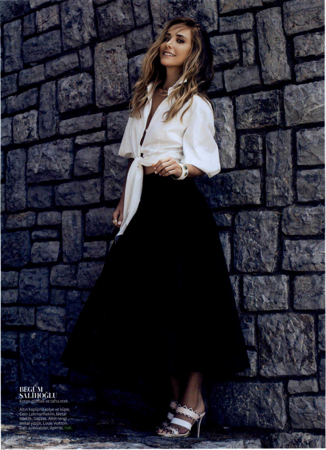 Actress Burçin Terzioğlu wearing Begum Salihoglu Couture white crisp shirt and black organza skirt on Instyle magazine
