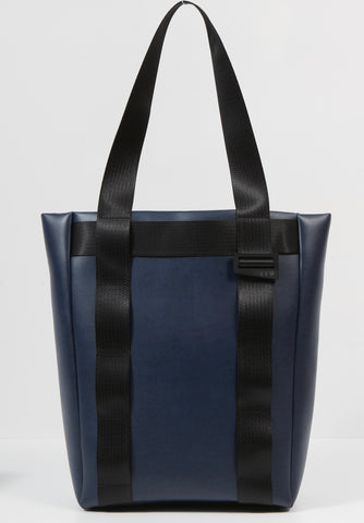 product image of a tote bag made of cactus leather and recycled seatbelts on a grey background