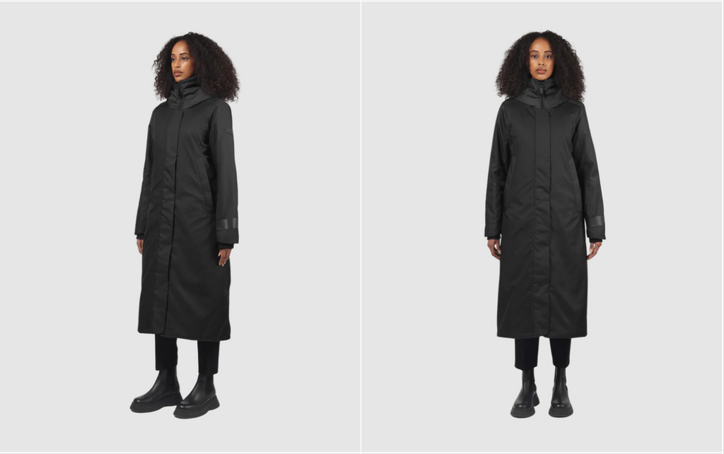 two images in one of the same female model wearing a black extended parka facing the camera (right) and side facing camera (left) on a grey background