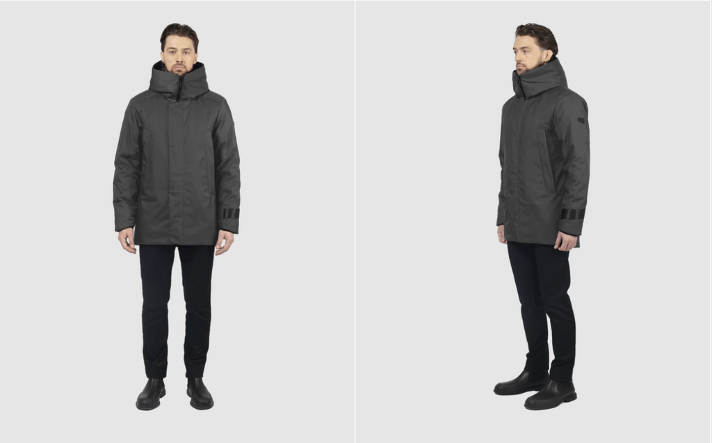 two images in one of the same male model wearing a graphite coat facing the camera (right) and side facing camera (left) on a grey background