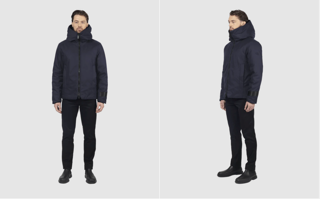 two images in one of the same male model wearing a navy bomber jacket facing the camera (right) and side facing camera (left) on a grey background