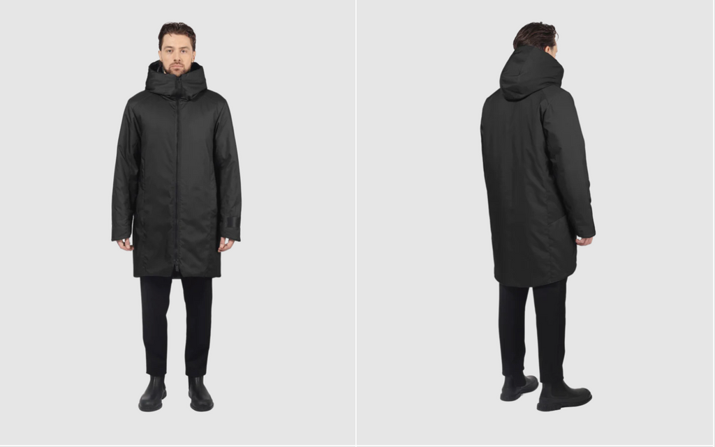 two images in one of the same male model wearing a black 3/4 parka facing the camera (right) and side facing camera (left) on a grey background