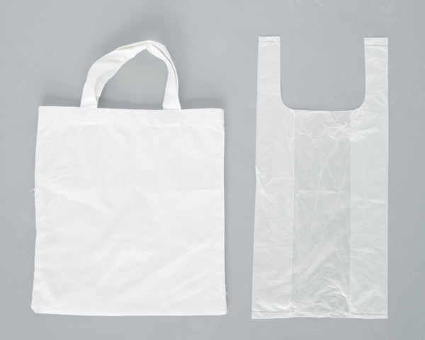 an image of two white bags one is a tote made of canva (left) the other is a regular plastic bag (right)