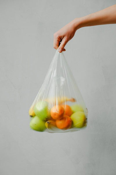 picture of someone's hand carrying a transparant plastic bag full of groceries