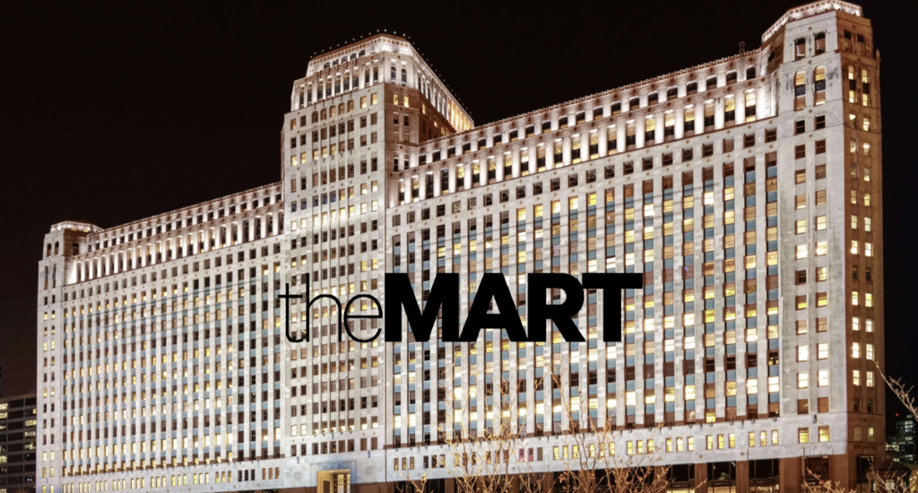 marketing picture displaying the mart centre in chicago with the black logo of the mart appears in the centre of the picture.