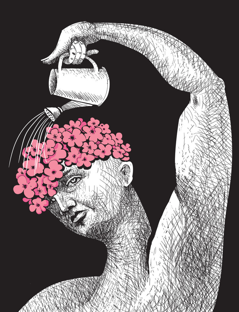 piece of art: drawing of a melancholic character watering pink flowers growing from its head