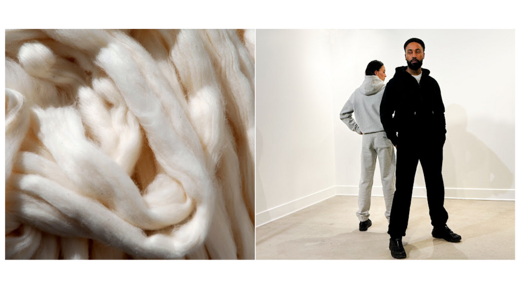 raw cotton material (left) female and male models posing in loungewear (right)