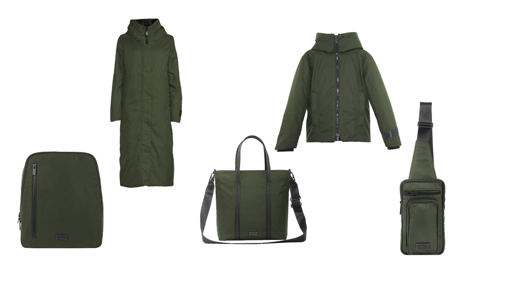 flat lay of outerwear and bags created with evergreen econyl textile
