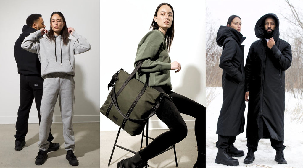 collage of three images (left) male and female model wearing bedi studios black and grey loungewear (middle) female model wearing an evergreen sweater and black pants posing with a green tote bag on a black stool (left) female and male model both wearing black extended parkas with black army boots in an open field in forrest during winter time