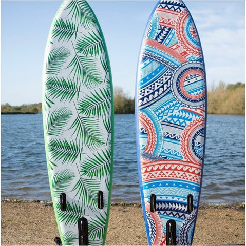 Sandbanks Style inflatable paddleboard by lake