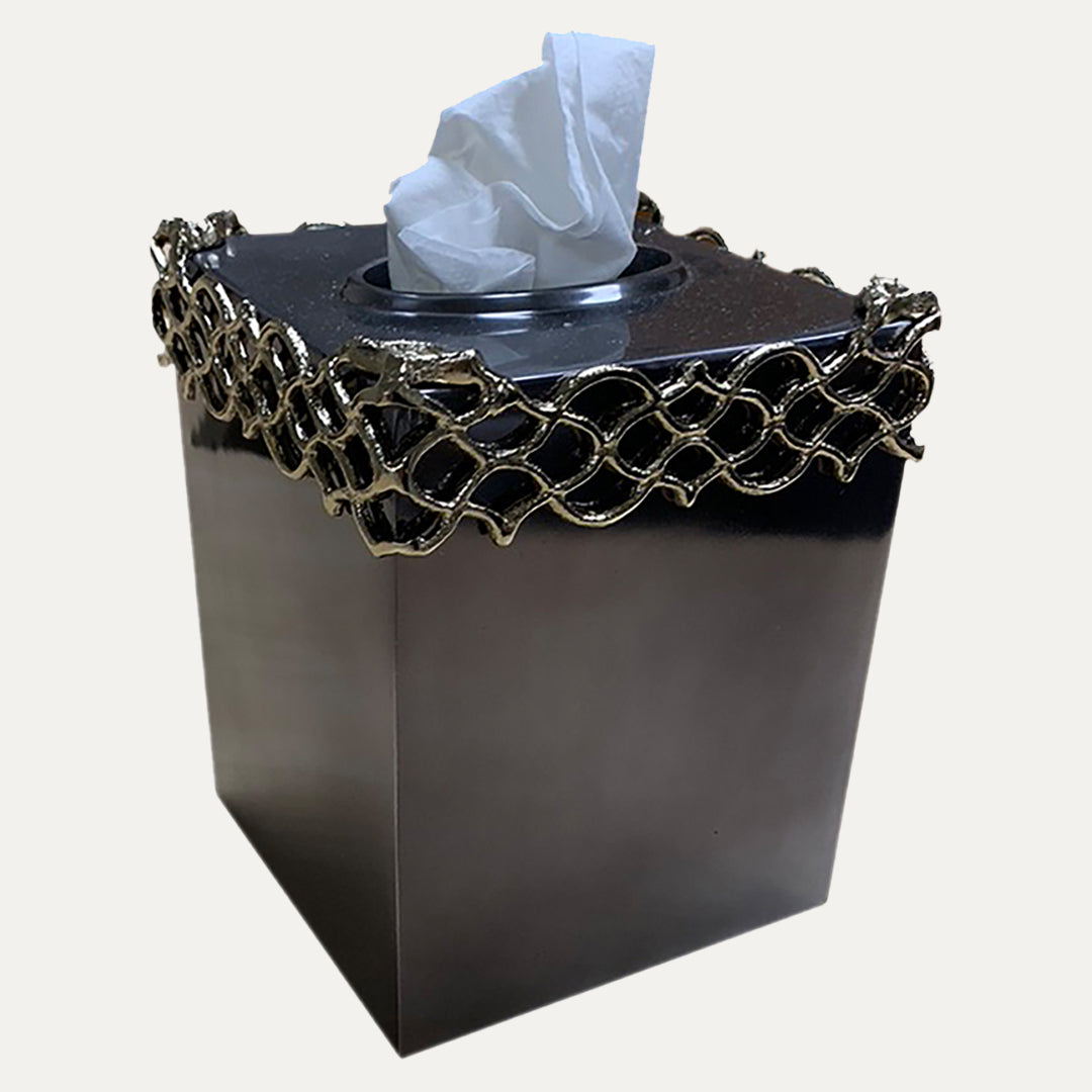 Black Velvet Tissue Box Cover with Gold-Toned Pattern - Heaven Reflection