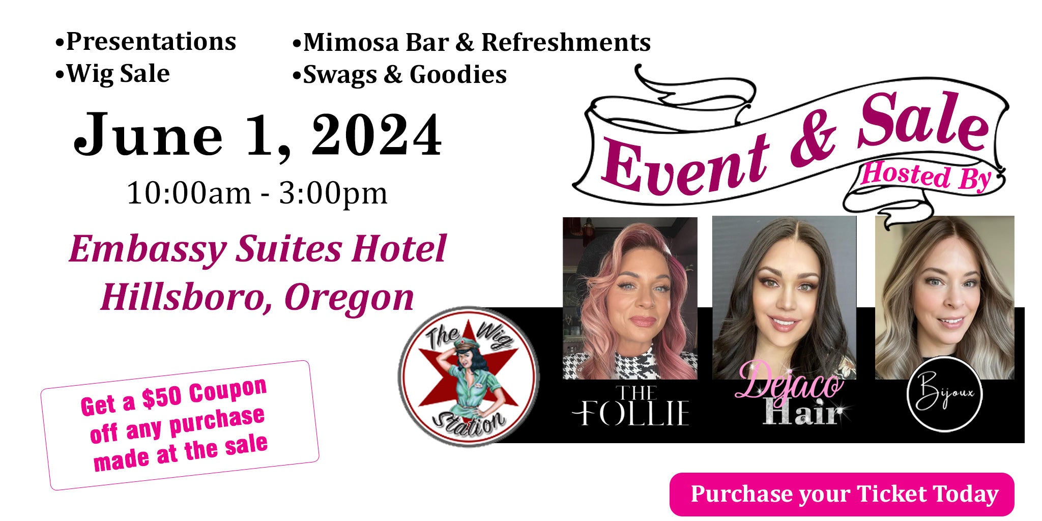 Huge Wig Sale and Event in Hillsboro Oregon on June 1, 2024 - $50 coupon with each ticket