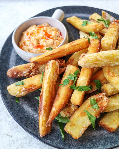 Double fried crispy sweet potato chips with Vietnamese Chilli Sauce and Mayo