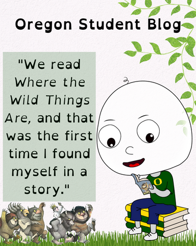 "Oregon Student Blog" - Big Head Bob & Friends Blog - "We read 'Where the Wild Things Are,' and that was the first time I found myself in a story." - Big Head Bob is reading a book while sitting in a pile of books.