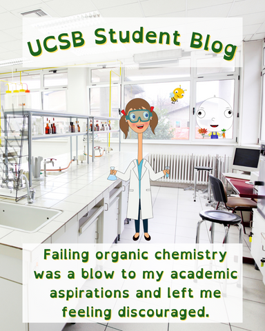 "UCSB Student Blog" - Big Head Bob & Friends Blog - "Failing organic chemistry was a blow to my academic aspirations and left me feeling discouraged." A girl in a lab coat is studying chemistry in a school laboratory.