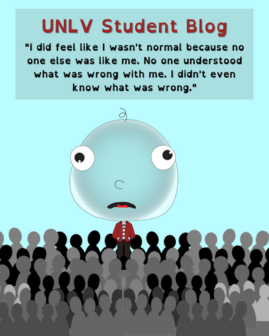 "UNLV Student Blog" - Big Head Bob & Friends Blog - "I did feel like I wasn't normal because no one else was like me. No one understood what was wrong with me. I didn't even know what was wrong." Big Head Bob is standing nervously in front of a crowd.