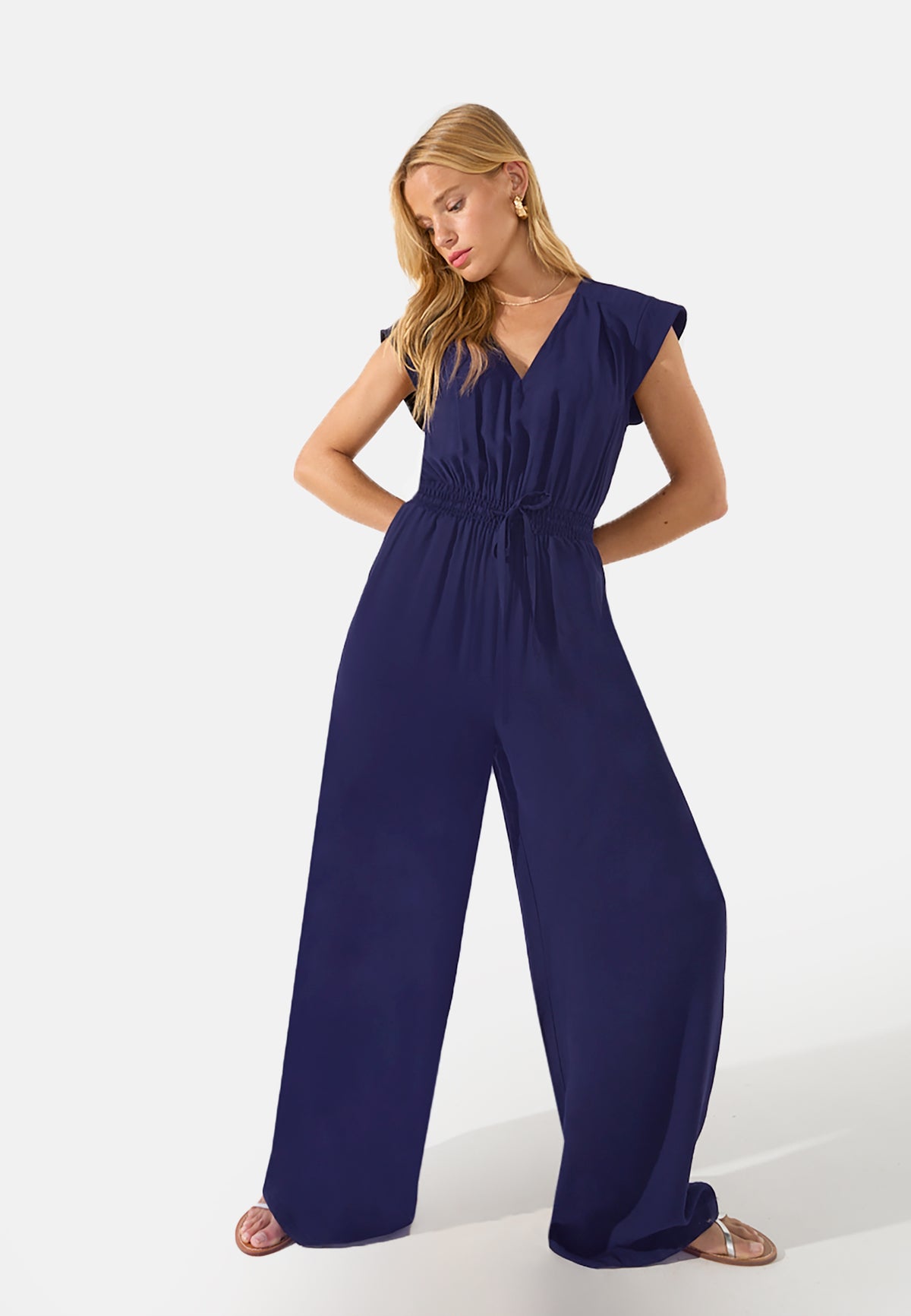Navy Cape Sleeve Wide Leg Wrap Jumpsuit | SilkFred