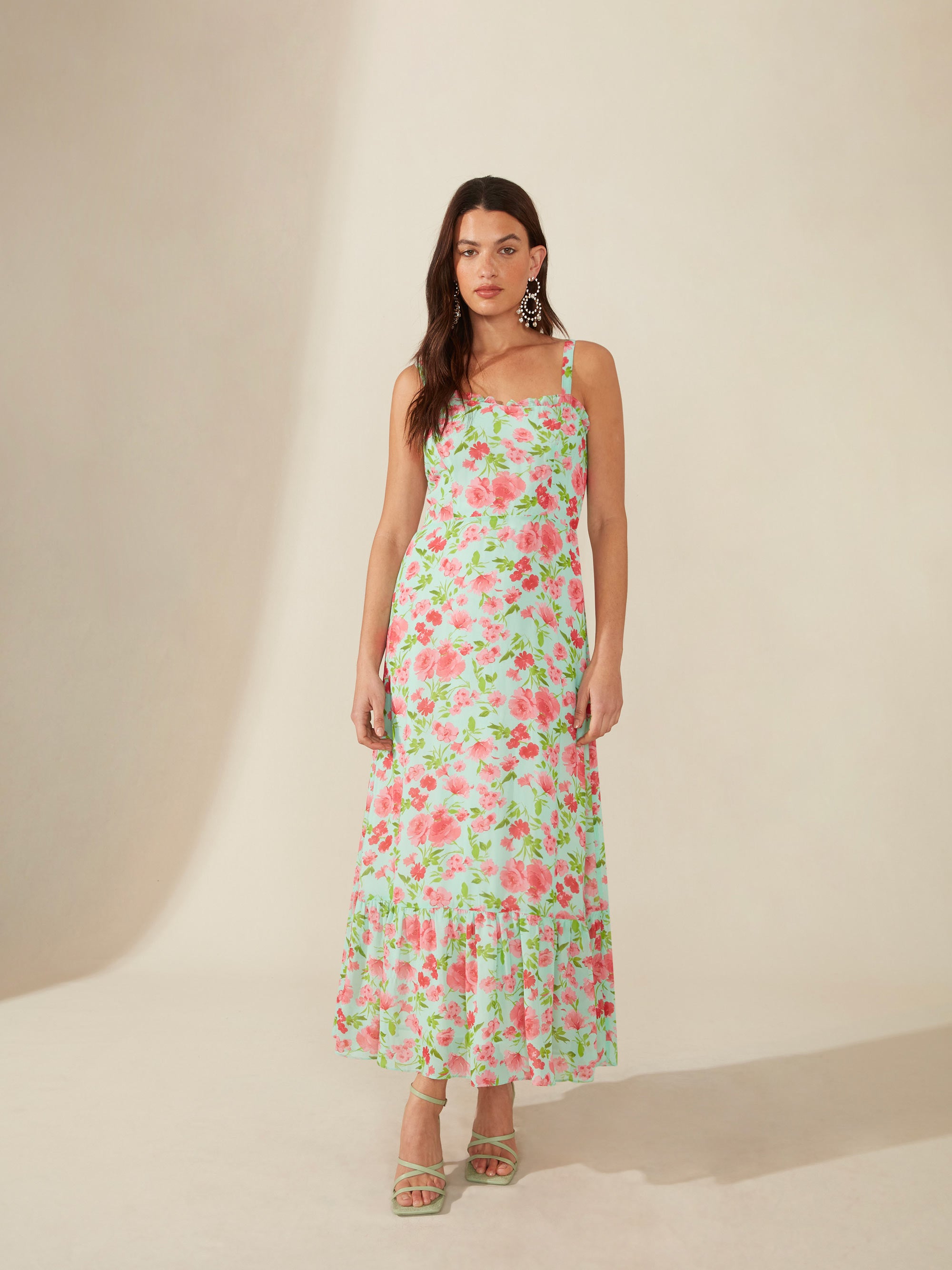 Elsie Blurred Floral Frill Midi Dress – Ro&Zo