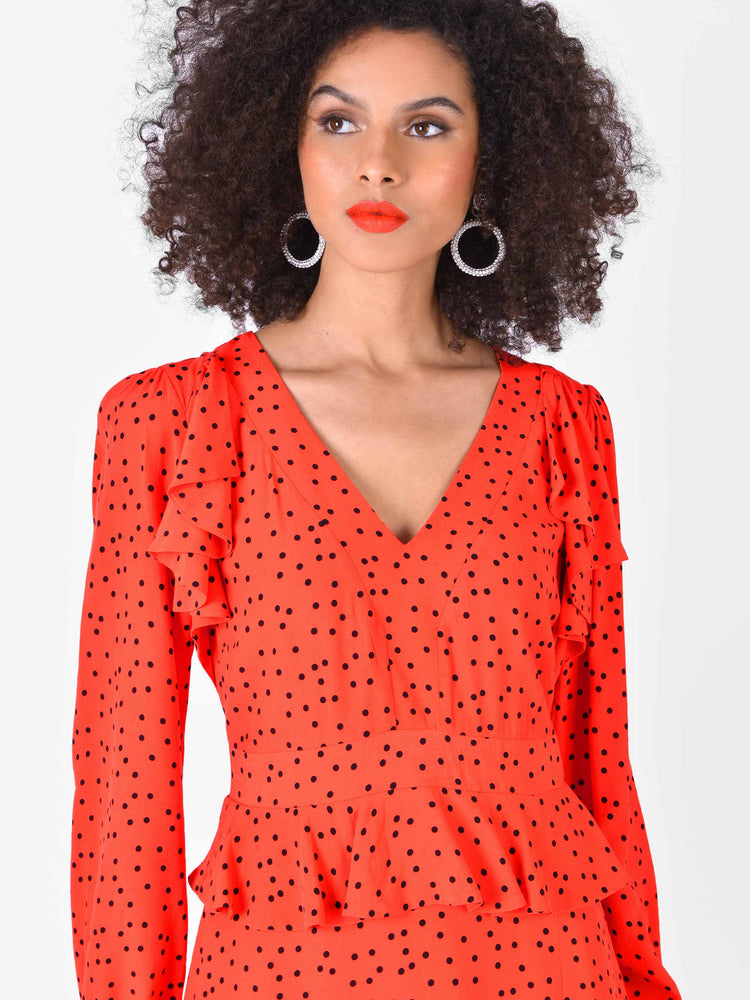 
            
                Load image into Gallery viewer, Red Spot Ruffle Detail Midi Dress
            
        