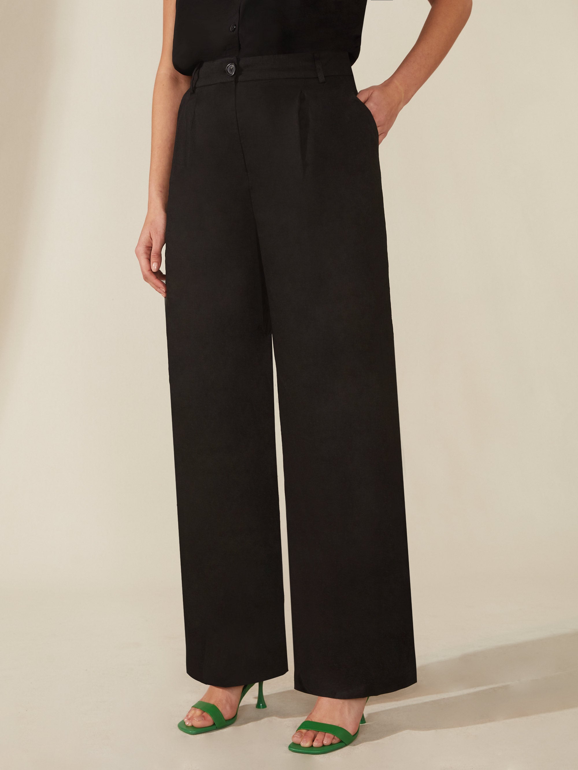 Yumi Black Straight Leg Crepe Trousers With Belt | Yumi