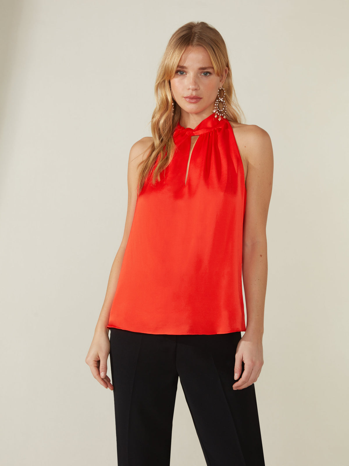 Sleeveless Satin Top with Halter Neckline, Regular