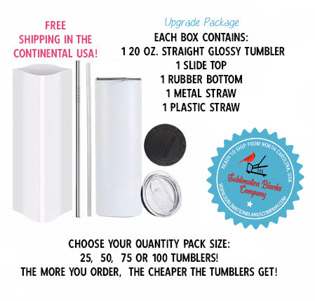 20 oz Skinny Sublimation Tumbler, Straw and slide lid included with tumblers