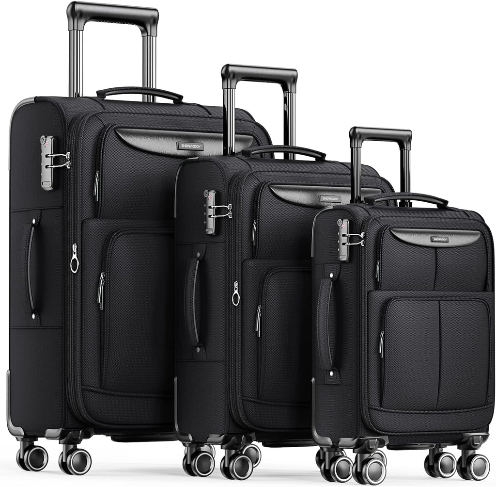 SHOWKOO Luggage Sets 3 Piece Softside Expandable Lightweight-Black - Travelking