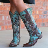 Coachella Ankle Boots Autumn and Winter Pointed Toe Chunky Heel Embroidered Printed Slingback Middle Tube Leather Boots