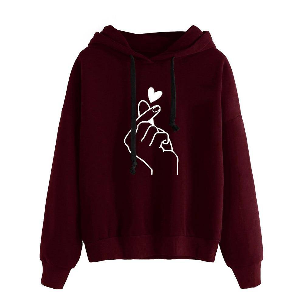 Women Hooded Casual Printed Heart Long Sleeve Solid Color - Amexza